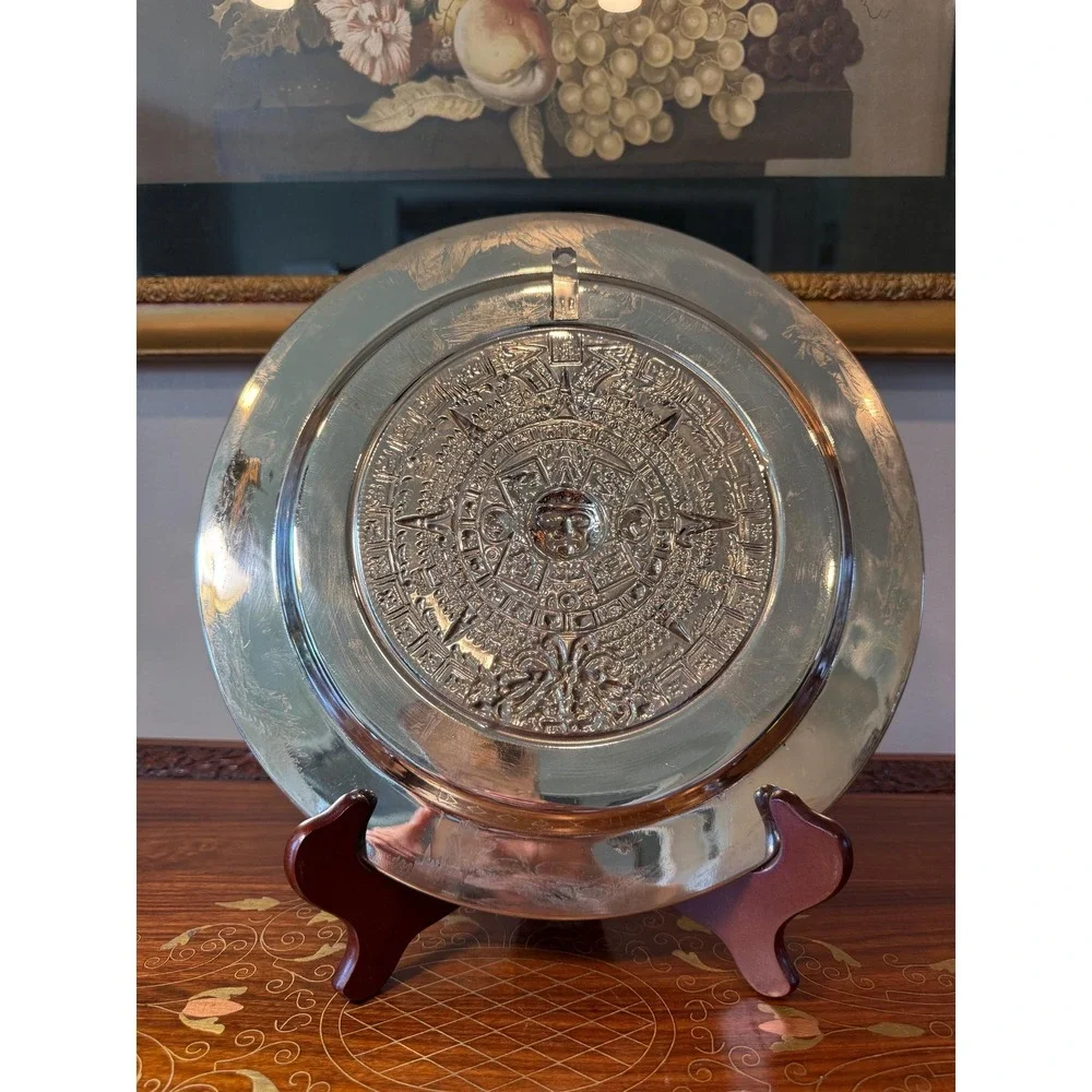 Vintage Aztec Calendar Wall‎ Plate - Alpaca Mexico Silver with Abalone Inlay